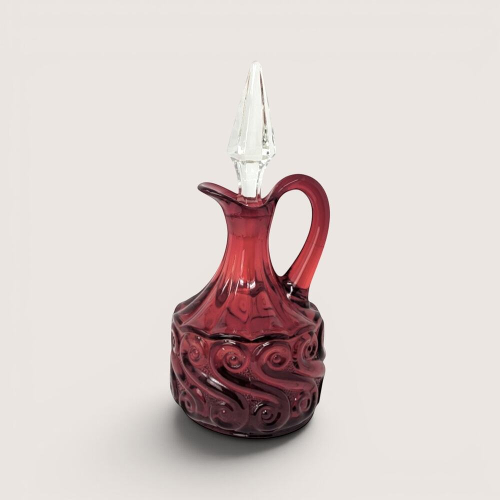 Mid-Century Fenton Ruby Red Glass Scroll Cruet
